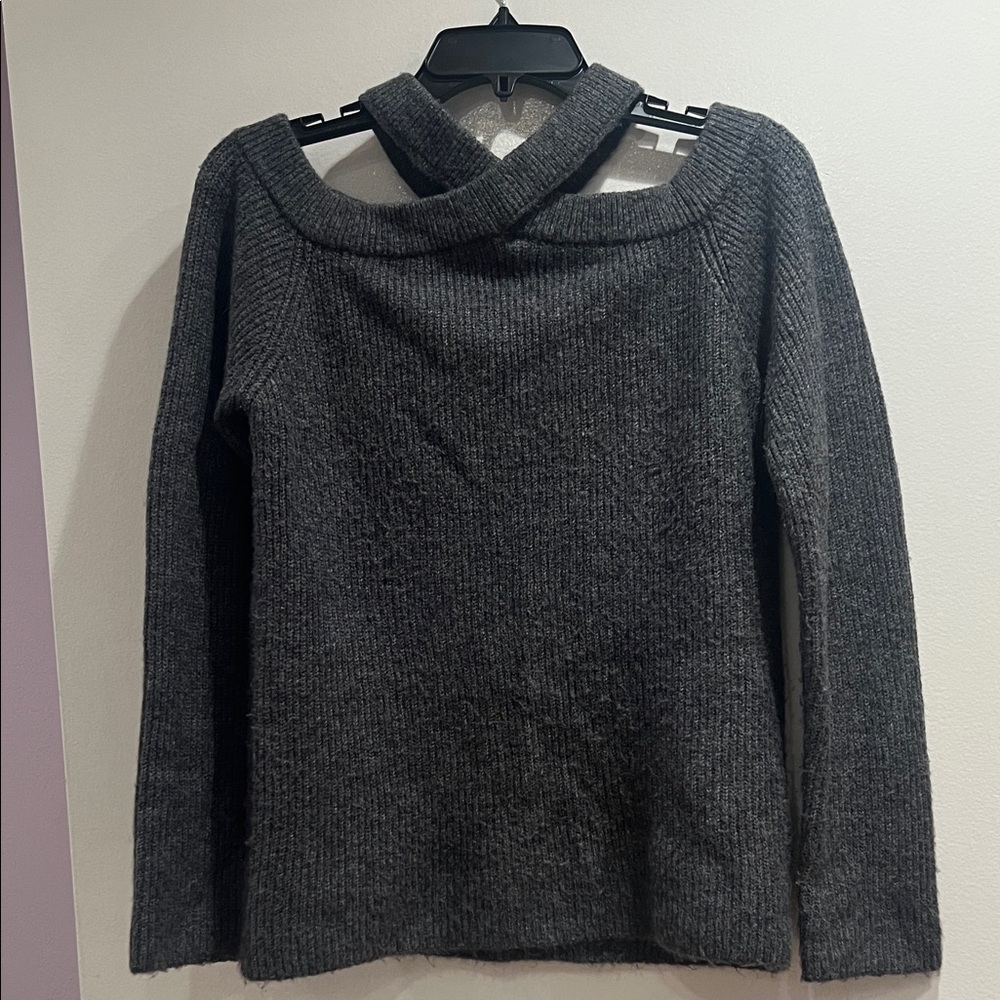 Off-the-Shoulder Ribbed Knit Sweater in Dark Gray